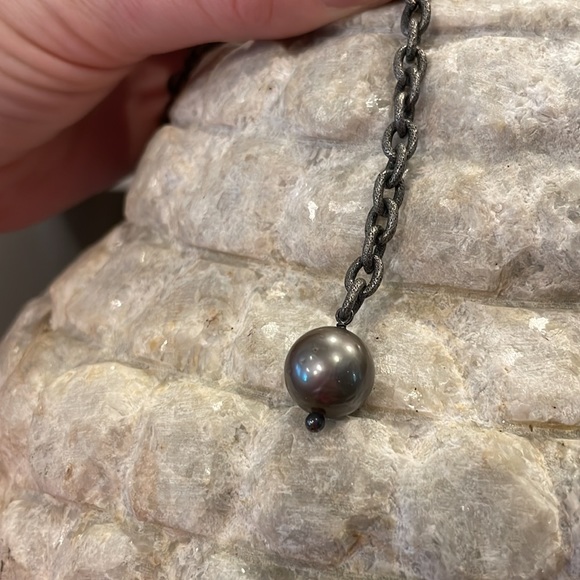 Gorgeous hammered chain necklace with Tahitian pearl and rose gold/diamond - Picture 4 of 10